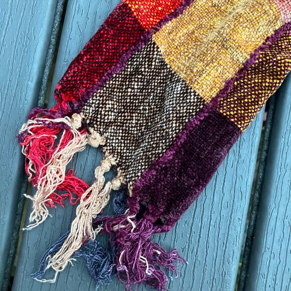 Red orange plaid patchwork scarf, cozy fall preppy light academia teacher - Picture 5 of 7